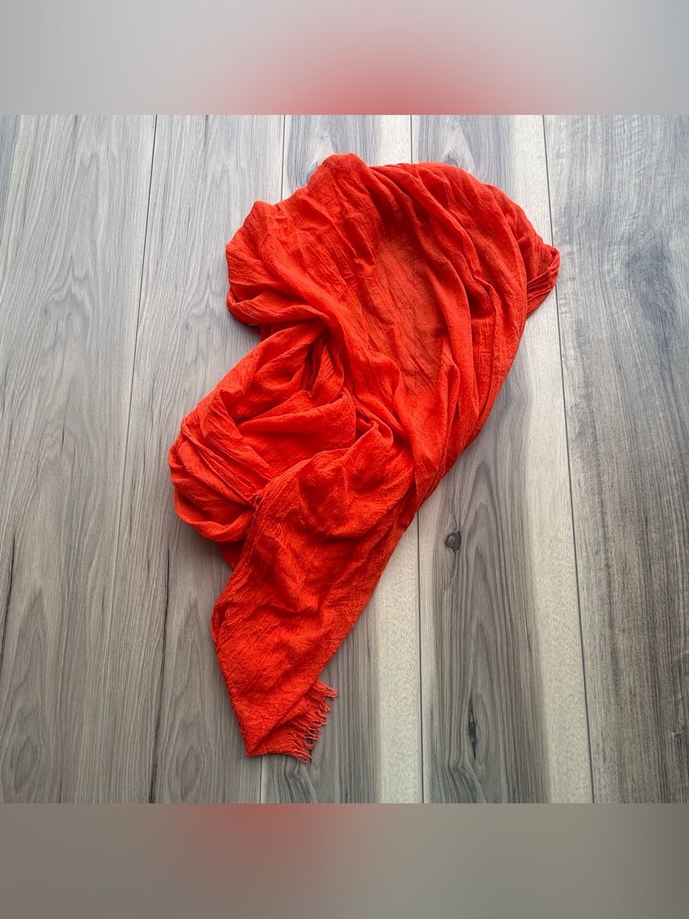 Bright Orange Red Crinkle Fabric Lightweight Raw Hem Fringe Scarf Wrap OS